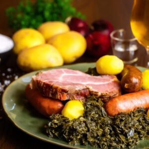 Ein klassisches norddeutsches Grünkohlgericht auf einem grün-glasierten Teller: zartes Kasseler, herzhafte Pinkel- und Kochwurst, goldgelbe Salzkartoffeln und frisch geschmorter Grünkohl. Im Hintergrund liegen Kartoffeln, rote Zwiebeln, grobes Salz, Pfefferkörner, ein Schnapsglas und ein frisch eingeschenktes Bier – warmes, rustikales Ambiente im Hotel & Restaurant am Huntepadd.