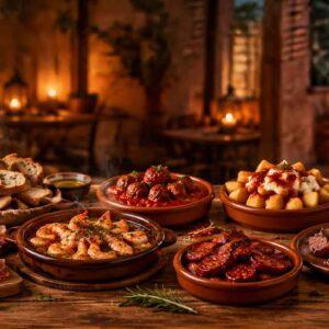 Mediterrane Tapas-Tafel mit Serrano-Schinken, Garnelen in Knoblauchöl, Albóndigas, Patatas Bravas, Chorizo, Käse und Sangria im warmen Abendlicht.