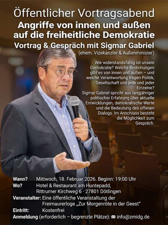 Plakat zum Vortragsabend mit Sigmar Gabriel im Hotel Huntepadd Dötlingen zum Thema Demokratie.