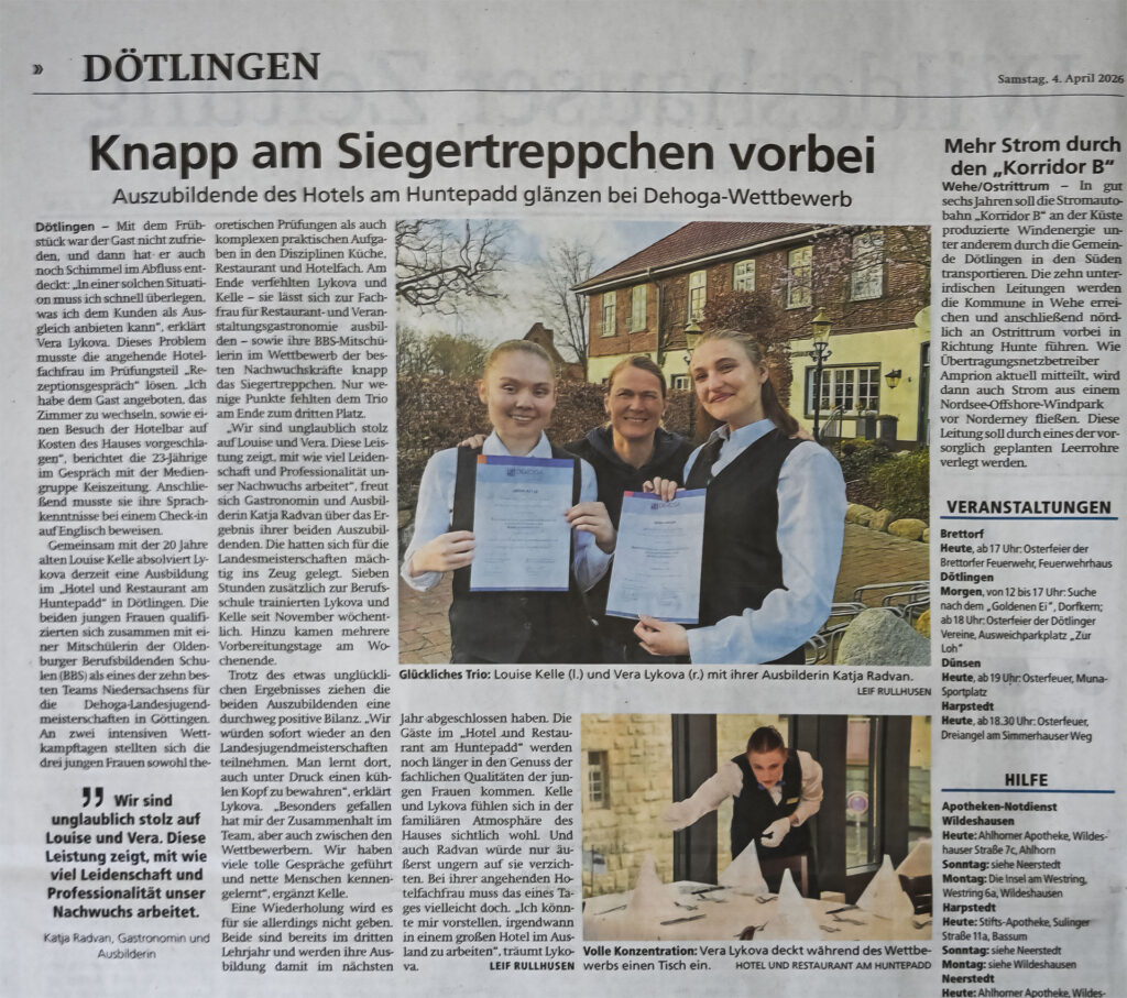 Zeitungsartikel über den Dehoga-Wettbewerb 2026 mit Auszubildenden vom Hotel Huntepadd in Dötlingen.