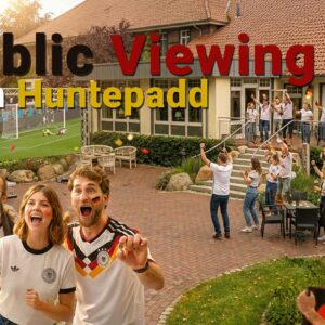 Public Viewing im Hotel & Restaurant am Huntepadd in Dötlingen mit Fußballfans und großer Leinwand im Außenbereich
