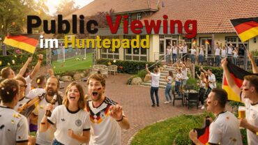 Public Viewing im Hotel & Restaurant am Huntepadd in Dötlingen mit Fußballfans und großer Leinwand im Außenbereich