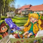 Zwei Kinderfiguren freuen sich über einen Osterkorb mit Schokohase und bunten Eiern im Garten des Hotel Huntepadd