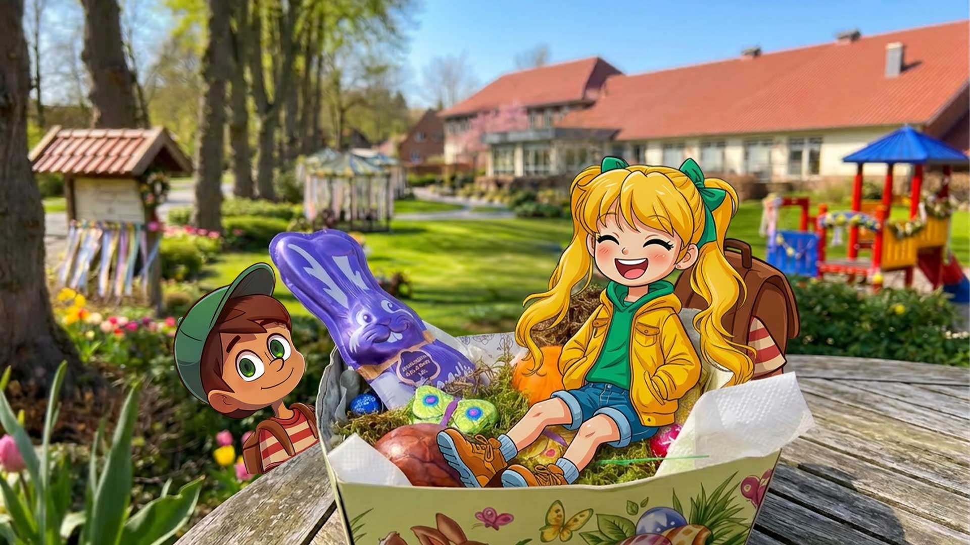 Zwei Kinderfiguren freuen sich über einen Osterkorb mit Schokohase und bunten Eiern im Garten des Hotel Huntepadd