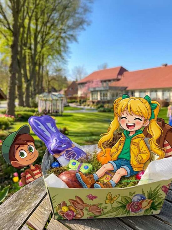 Zwei Kinderfiguren freuen sich über einen Osterkorb mit Schokohase und bunten Eiern im Garten des Hotel Huntepadd