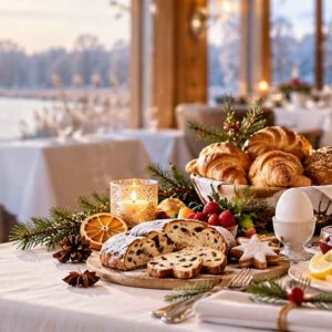 Festlich gedeckter Frühstückstisch mit Croissants, Christstollen, Räucherlachs und Kaffee vor winterlicher Landschaft und Adventskerzen.