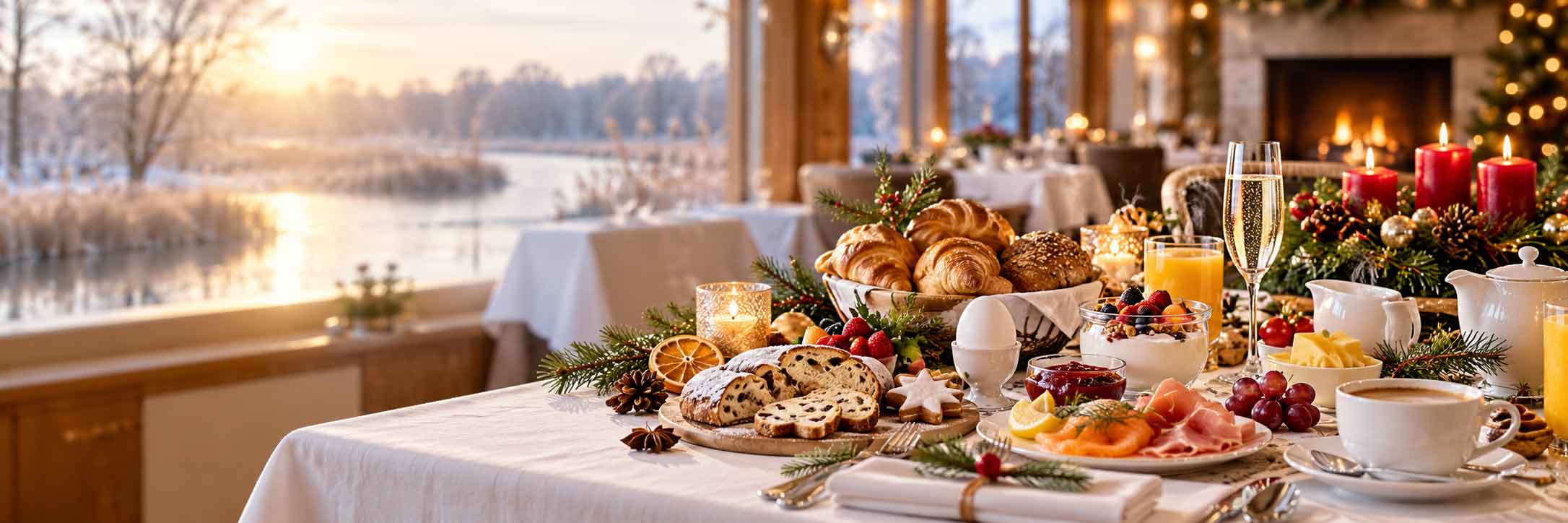 Festlich gedeckter Frühstückstisch mit Croissants, Christstollen, Räucherlachs und Kaffee vor winterlicher Landschaft und Adventskerzen.