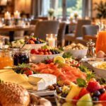 Reichhaltig gedecktes Frühstücksbuffet mit Brötchen, Croissants, Käse, Wurst, Räucherlachs, Eiern, frischem Obst, Pfannkuchen und Waffeln. Im Hintergrund steht eine Tafel mit der Aufschrift „Samstags-Frühstück“.