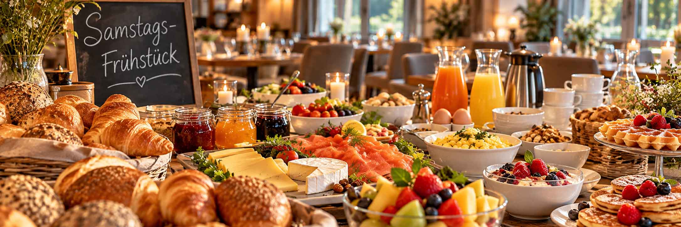 Reichhaltig gedecktes Frühstücksbuffet mit Brötchen, Croissants, Käse, Wurst, Räucherlachs, Eiern, frischem Obst, Pfannkuchen und Waffeln. Im Hintergrund steht eine Tafel mit der Aufschrift „Samstags-Frühstück“.